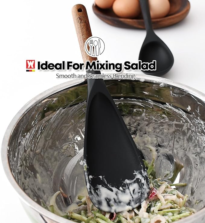 WAGENSTEIGER Silicone Long Head Cooking & Serving Spoon with Wooden Handles: Multi-Functional Design, Silicone Rounded Spatula for Mixing, Scoop, and Scrape, Great for Stir Frying