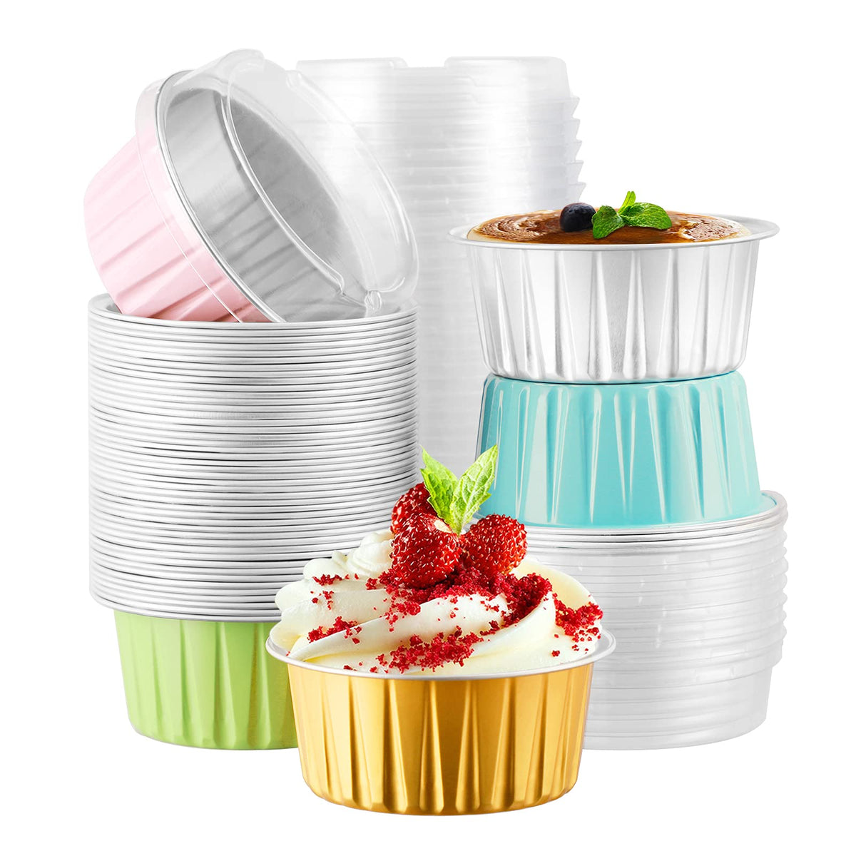 EUSOAR Cupcake Liners for Baking, 50pcs 5oz Muffin Liners, Disposable Foil Ramekins, Dessert Containers, Aluminum Foil Baking Cupcake Cups Holders Pans with Lids 5 Colors Mixed