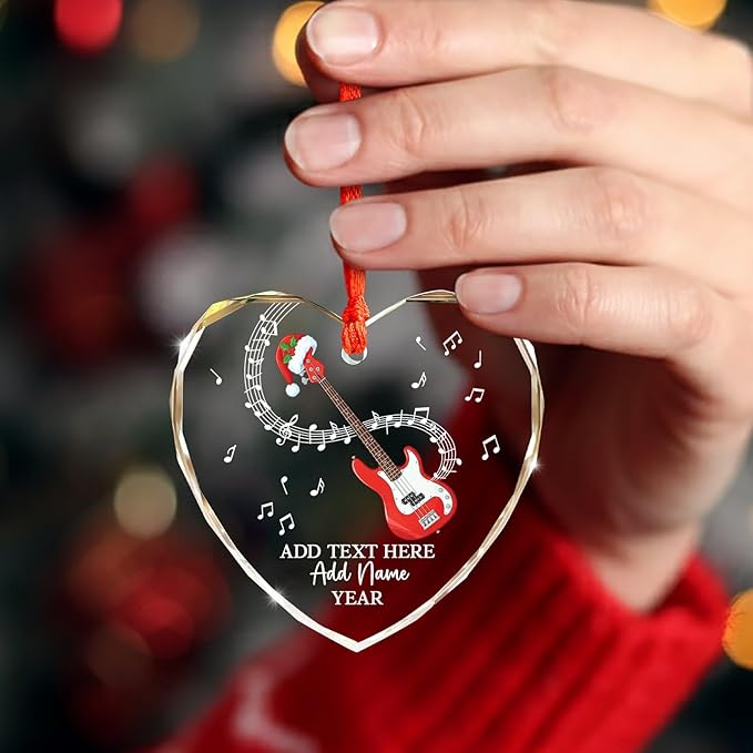 Personalized Bass Guitar Christmas Tree Glass Ornament, Bass Guitar Lovers Christmas Ornaments 2026, Custom Guitarist Xmas Ornament with Text Name & Year, Musical Instrument Players Gifts
