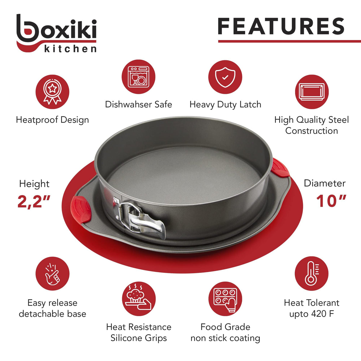 Boxiki Kitchen 10 Inch Nonstick Springform Pan, Professional Spring Form and Cheesecake Baking Mold, Leakproof Cake Pan with Silicone Handles