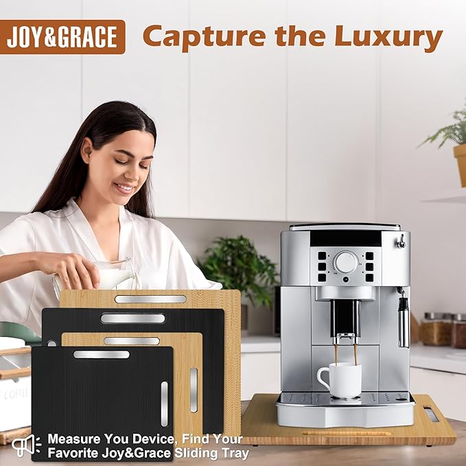 Joy&Grace Appliance Slider for Kitchen Appliances 360° Rolling Sliding Tray for Coffee Maker Countertop, Bamboo Coffee Pot Slider Rolling Tray with Universal Rollers (Natural, Large 16"x13")