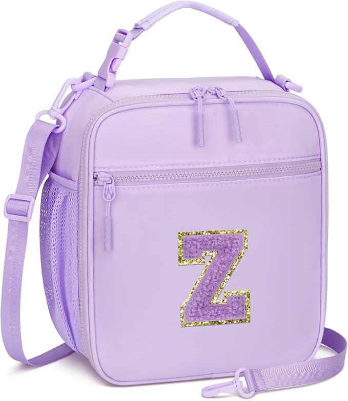 CLOUDWINGS Initial Insulated Lunch Bag for Girls Kids, Back to School Gift, Reusable Leak-proof Lunch Box with Adjustable Strap for School Daycare Travel Picnic (Purple,Z)