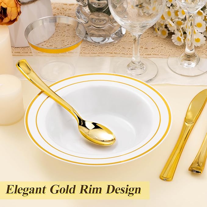 BESTSTAR 200 Pack Disposable Soup Bowls with Gold Rim