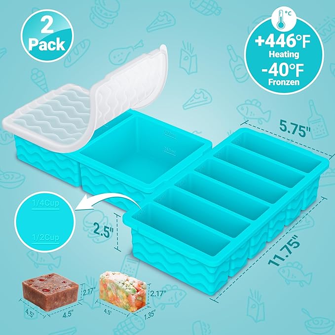 2-Pack Silicone Freezer Trays with Lid, 2 Large 2-Cup(500ml) & 6 Small 1/2-Cup(125ml) Soup Freezer Container Molds, Ice Cube Tray For Meal Prep & Freezing Soup, Stews, Sauces, Oven & Dishwasher-Safe