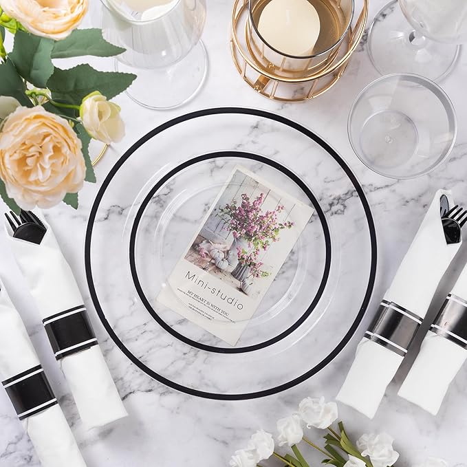 Goodluck 175 Pcs Clear Black Party Plates Cups Napkins Sets for 25 Guests