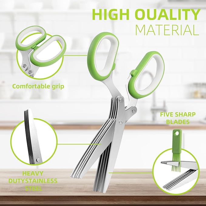 ccraowo 2025 Herb Scissors Set - Classic green 5-Blade Design with Cover and Comb - Skin-Friendly Handle for Comfortable Grip - Dishwasher Safe, Rust-Resistant Stainless Steel for Fresh Herbs