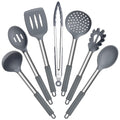 E-far Silicone Cooking Utensils Set, 7 Pcs Heat Resistant Kitchen Utensils with Stainless Steel Handle, Slotted Turner, Spoon, Soup Ladle, Pasta Server, Skimmer, Tongs for Nonstick Cookware, Gray