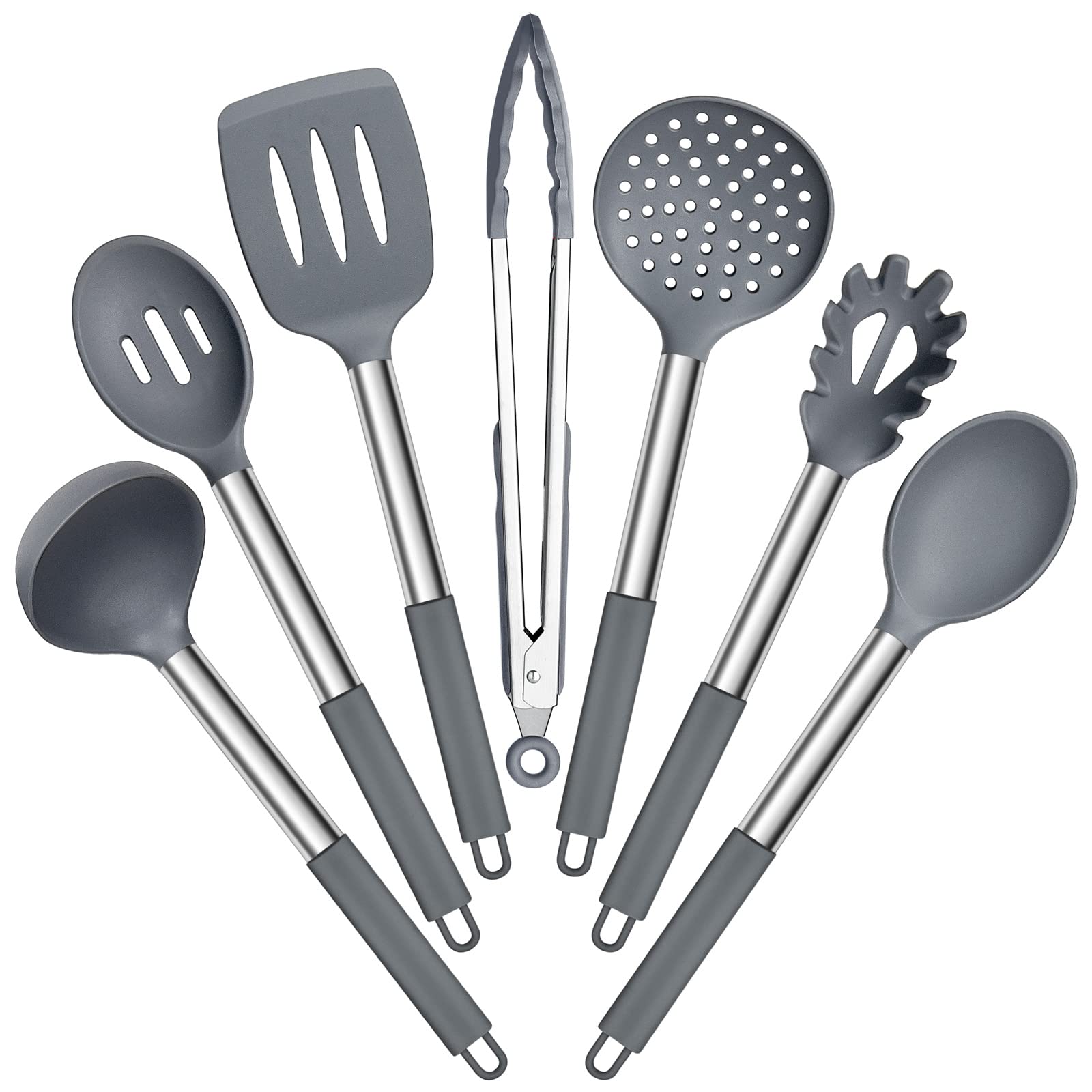 E-far Silicone Cooking Utensils Set, 7 Pcs Heat Resistant Kitchen Utensils with Stainless Steel Handle, Slotted Turner, Spoon, Soup Ladle, Pasta Server, Skimmer, Tongs for Nonstick Cookware, Gray