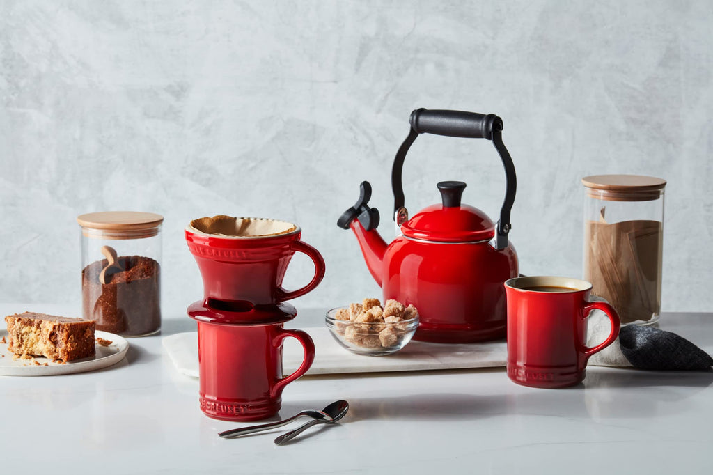 Le Creuset Demi Kettle (1.25 qt.) and 2 Mugs (14 oz. each), White/Black