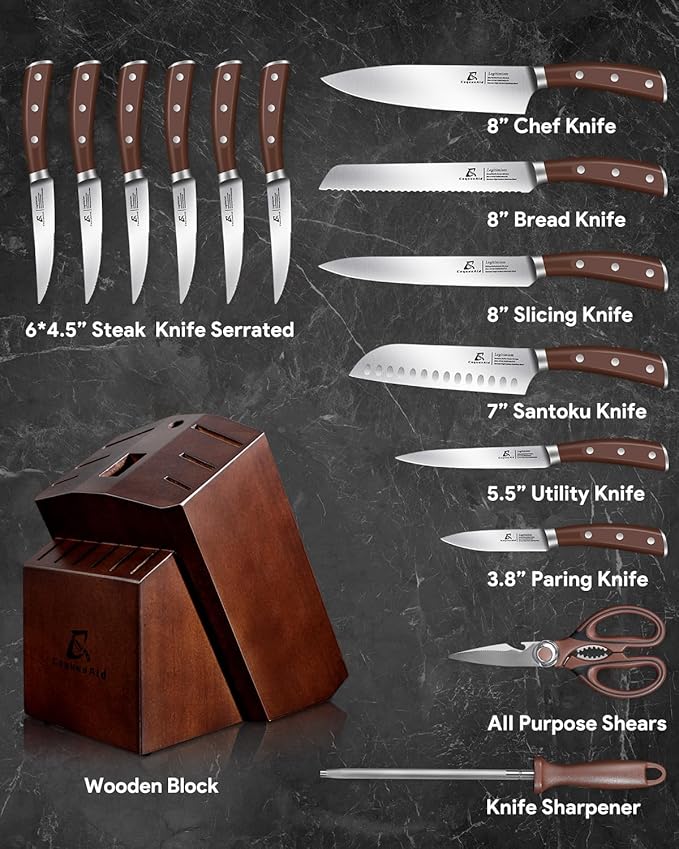 CoquusAid Knife Set, Upgrade 15 Pcs Knife Block Set with Widened Ventilated Slot, German Stainless Steel Kitchen Knives Set with Sharpener, Professional Chef Knives Set, Full Tang Ergonomic Handle