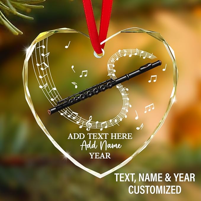 Personalized Flute Player Glass Ornament with Text Name & Year, Custom Flute Musical Instrument Xmas Ornaments 2026, Flutist Christmas Tree Ornament, Gift for Music Lover Student Friend