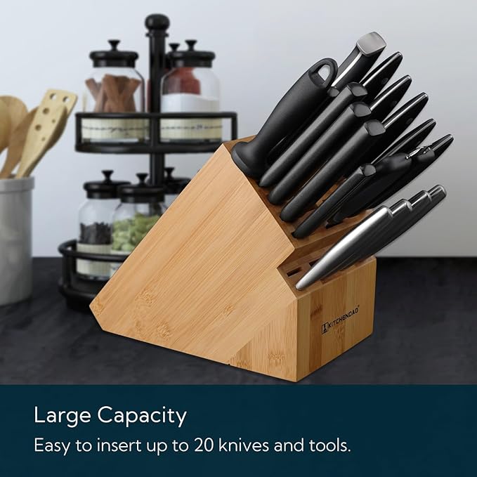 KITCHENDAO 20 Slot Bamboo Knife Block without Knives, Universal Knife Holder for Kitchen, Holding Multiple Types of Knives, Countertop Butcher Block Knife Stand for Easy Kitchen Storage