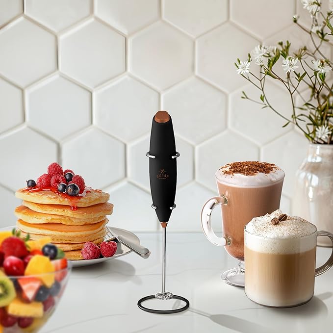 Zulay Kitchen Powerful Milk Frother Wand With Duracell Batteries - Ultra Fast Handheld Drink Mixer - Electric Whisk Foam Maker for Coffee, Lattes, Cappuccino & Matcha - Z1 Motor - Black & Copper