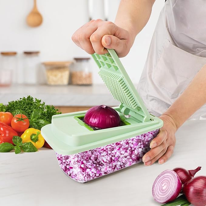 Vegetable Chopper, 16-in-1 Mandoline Slicer Dicer Grater Spiralizer with Container, 8 Stainless Steel Blades for Onion Salad Salsa Meal Prep