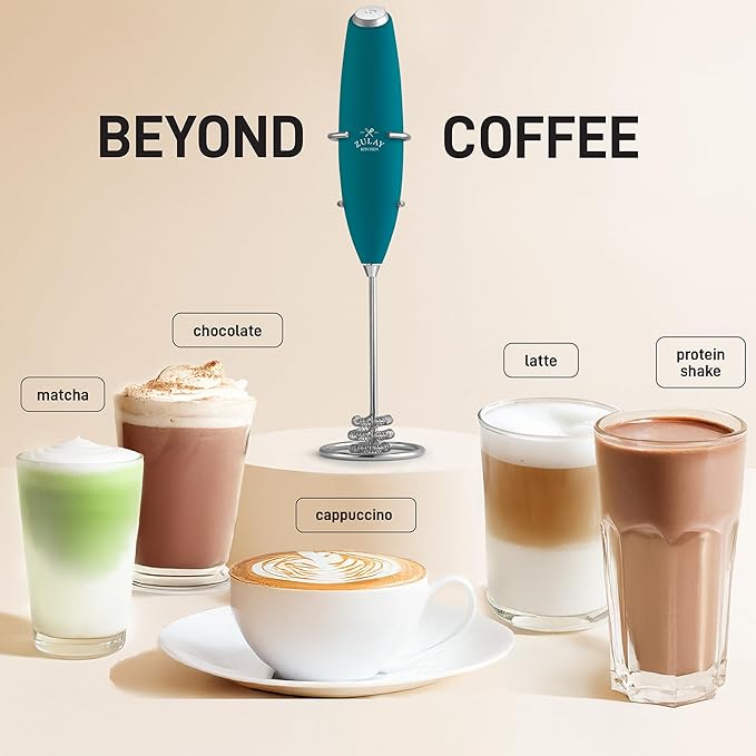 Zulay Kitchen Powerful Milk Frother Wand With Duracell Batteries - Ultra Fast Handheld Drink Mixer - Electric Whisk Foam Maker for Coffee, Lattes, Cappuccino & Matcha - Triple Whisk - Reign Emerald