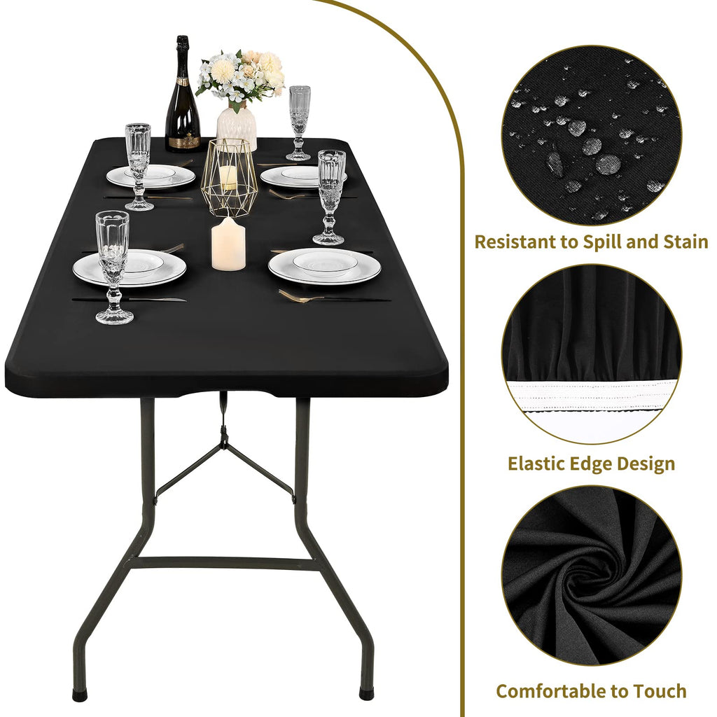 10 Pack Stretch Fabric Table Top Cap Cover, fits 6' Tables, Spandex Table Covers Washable Elastic Universal Rectangle Tablecloth Protector for Indoor Outdoor Party Picnic Wedding, Black, 30" W x 72" L
