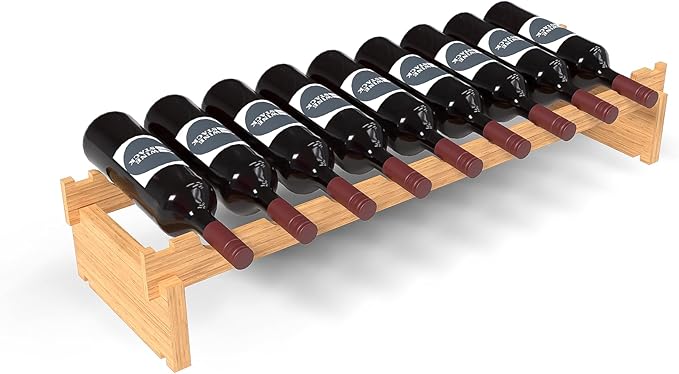 Wine Stack 9 Bottle Bamboo Stackable Small Wine Rack for Countertop, No Tools Assembly, Durable, Wine and Liquor Bottle Storage for Small Spaces