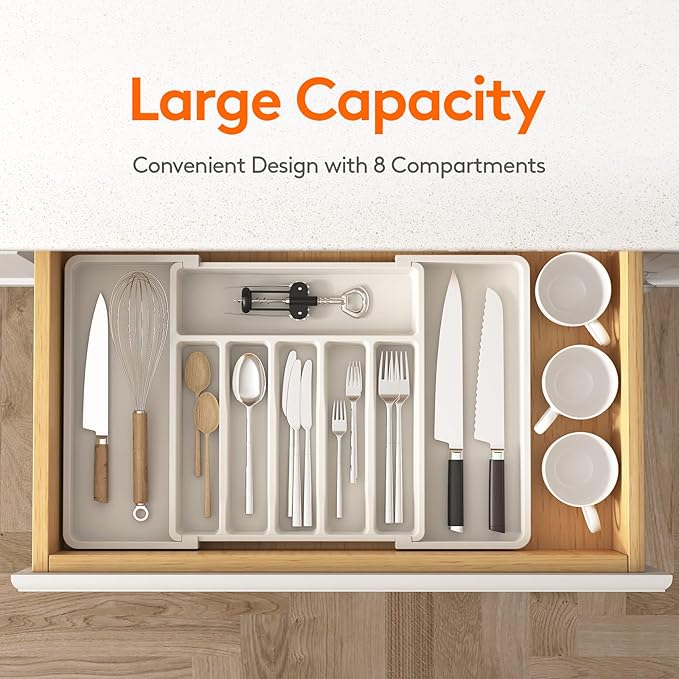 Lifewit Extra Large Silverware Drawer Organizer, Expandable Utensil Tray for Kitchen, BPA Free Flatware and Cutlery Holder, Adjustable Plastic Storage for Spoons Forks Knives, 13-22 x 15, White