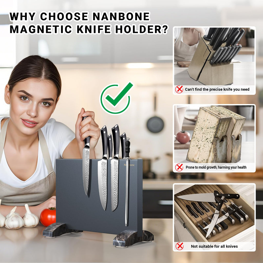 Nanbone Black Magnetic Knife Block Stand Without Knives Black Double Sided Magnetic Knife Holder Rack for Kitchen Counter Stainless Steel Knife Magnetic Strip Display Stand Storage Organizer