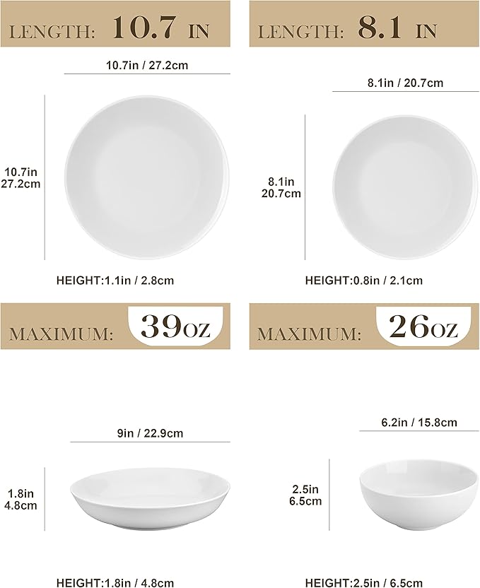 MALACASA 24-Piece Porcelain Dinnerware Set, White Round Dish Set for 6
