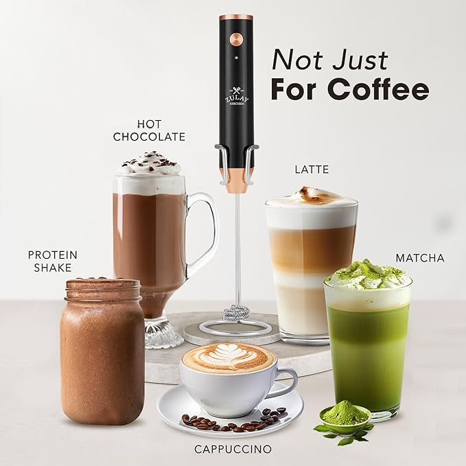 Zulay Kitchen Rechargeable Milk Frother Handheld - Frother Wand, Drink Mixer, Electric Whisk Frother, for Cappuccinos, Matcha & Protein Powder - Lux 4 Whisk 2 Speed Waterproof 2000mAh Black Copper