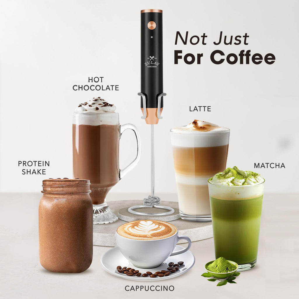 Zulay Kitchen Rechargeable Milk Frother Handheld - Frother Wand, Drink Mixer, Electric Whisk Frother, for Cappuccinos, Matcha & Protein Powder - Lux 4 Whisk 2 Speed Waterproof 2000mAh Black Copper