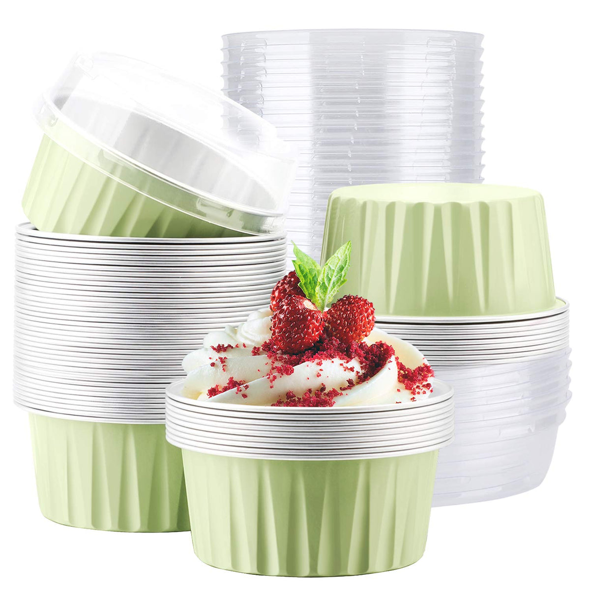 EUSOAR Cupcake Liners for Baking, 50pcs 5oz Muffin Liners, Disposable Foil Ramekins, Dessert Containers, Aluminum Foil Baking Cupcake Cups Holders Pans with Lids 5 Colors Mixed