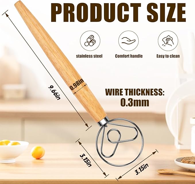 TEEVEA Danish Dough Whisk Wooden Handle Stainless Steel for Sourdough Bread