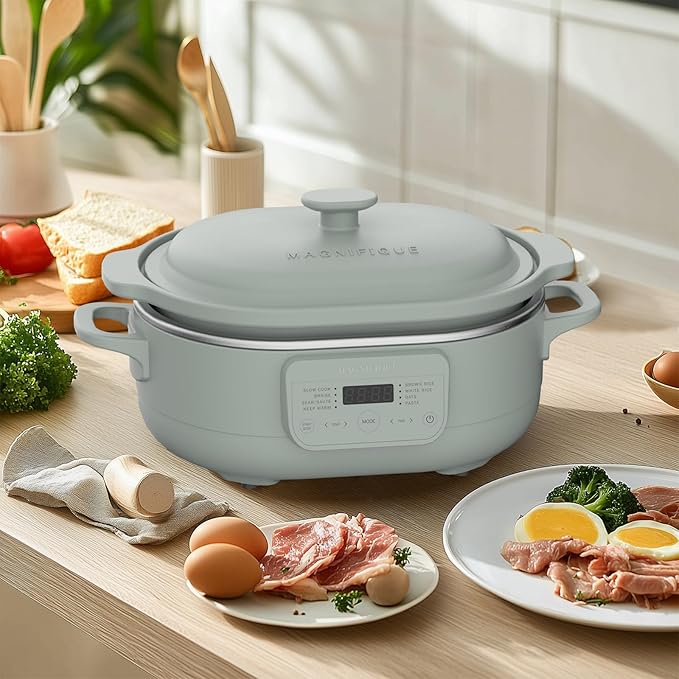 4 Quart Claypot Slow Cooker with Flexible Easy Programming, 8-in-1 Multi Cooker, Removable Crock, Nonstick, Oven Safe Pot to 450°F, Olive