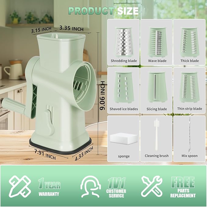 2025 Upgrade 6-In-1 Cheese Grater【 Military-Grade SUS304 Blade - 3S Fast Cut】【SGS Certification - German Nano Strong Suction Base】Cheese Grater Hand Crank Suitable for Home Use (Green)