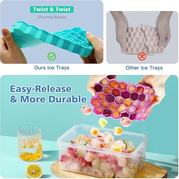 Azyh Ice Cube Trays for Freezer, 2 Pack Ice Cube Tray with Lid, Silicone Ice Cube Mold with Lid-37 Grid,Easy-Release Reusable 74 PCS Small Ice Cubes for Iced Coffee Cocktail Whisky Chocolate Soup Food