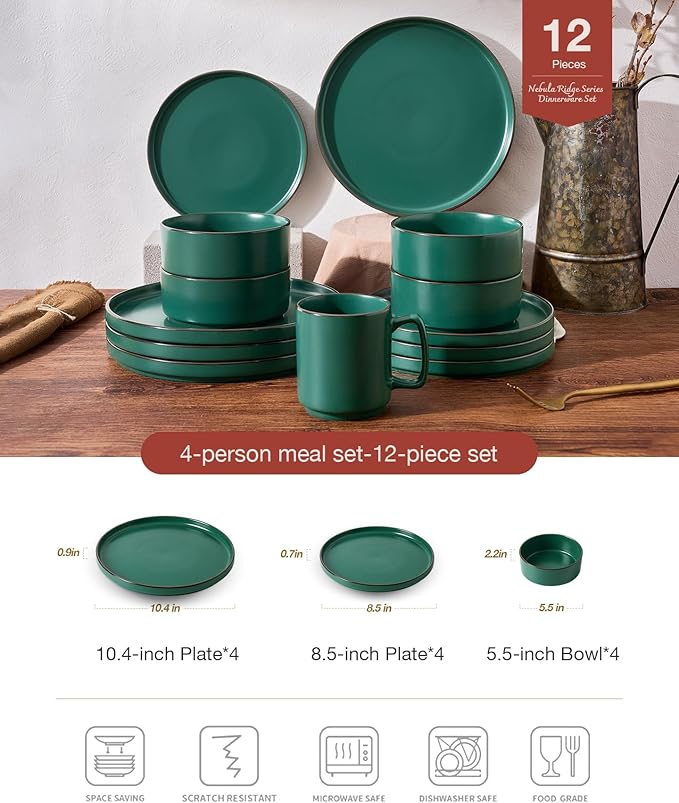 Famiware Nebula Ridge 12-Piece Stoneware Dinnerware Set, Dark Green