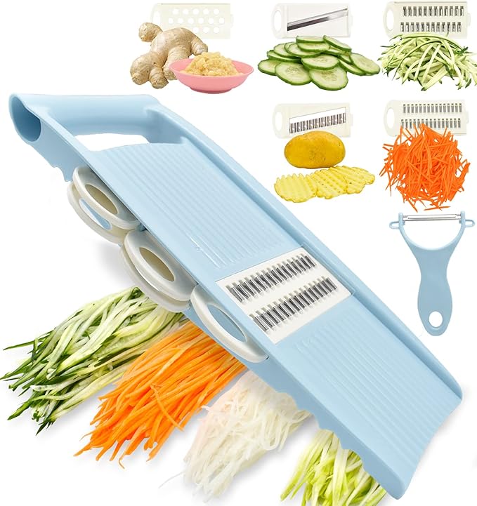 NACOLUS Handheld Mandoline Slicer for Kitchen, Vegetable Slicer Multi Blade Potato Chip, Veggie shredder, Vegetable Cutter, Julienne Shredder and peeler For Small Job In Kitchen Blue