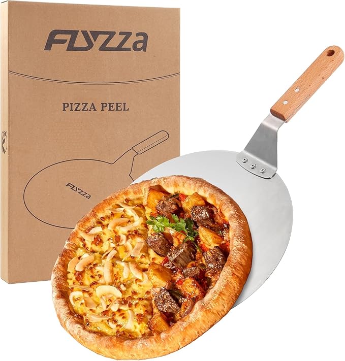 FLYZZA 12 Inch Stainless Pizza Peel, Pizza Spatula with Ergonomic Long Wood Handle for Pizza Oven Baking, Turing Peel for Pizza, Dough, Bread Pastry