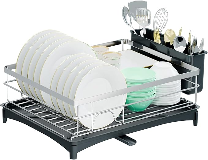 TITIMIO Dish Drying Rack - Space-Saving Dish Rack for Kitchen Counter with Removeable Cutlery Holder,Rustproof & Sturdy Auto-Drain Organizer for Plates,Cups,Knife,Silvery