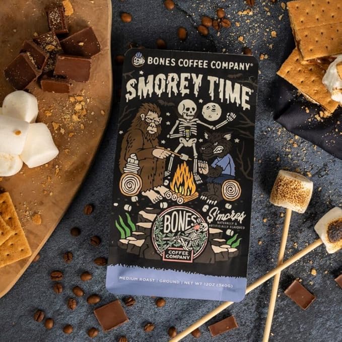 Bones Coffee Company S'morey Time Flavored Coffee - Medium Roast - Ground or Whole Bean - Low-Acid Arabica Coffee Beans - Balanced S'mores and Graham Cracker Flavor - 12 Oz