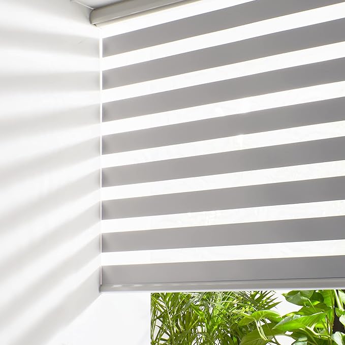 Persilux Cordless Zebra Blinds for Windows Free-Stop Roller Window Shades (70" W X 64" H, Grey) Dual Layer Light Control for Day and Night, Light Filtering Sheer Shades for Home, Easy to Install