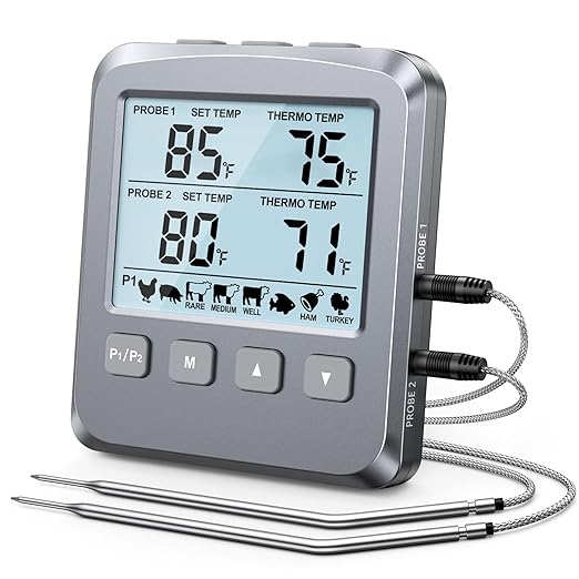 Vuwwey Dual Probe Meat Thermometer Digital for Cooking, Grilling & Smoking with Large LCD Backlight & Alarm, Kitchen Food Grill Thermometer, Smoker Accessories for BBQ Oven Oil Fry, Gifts for Men Dad