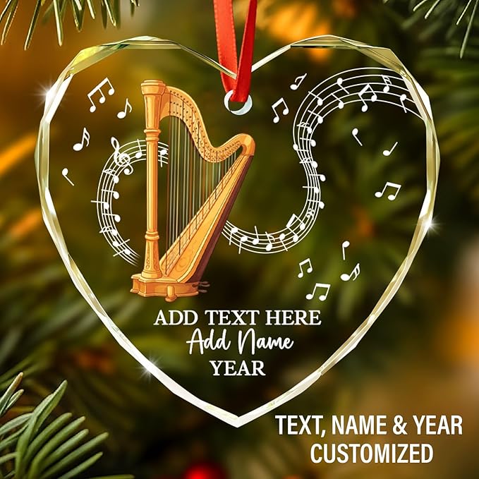 Personalized Text Name Year Harpist Christmas Ornament, Customized Harp Music Instrument Glass Ornaments, 2026 Xmas Ornament Gift for Teacher Student Harp Player, Musician Xmas Decorations