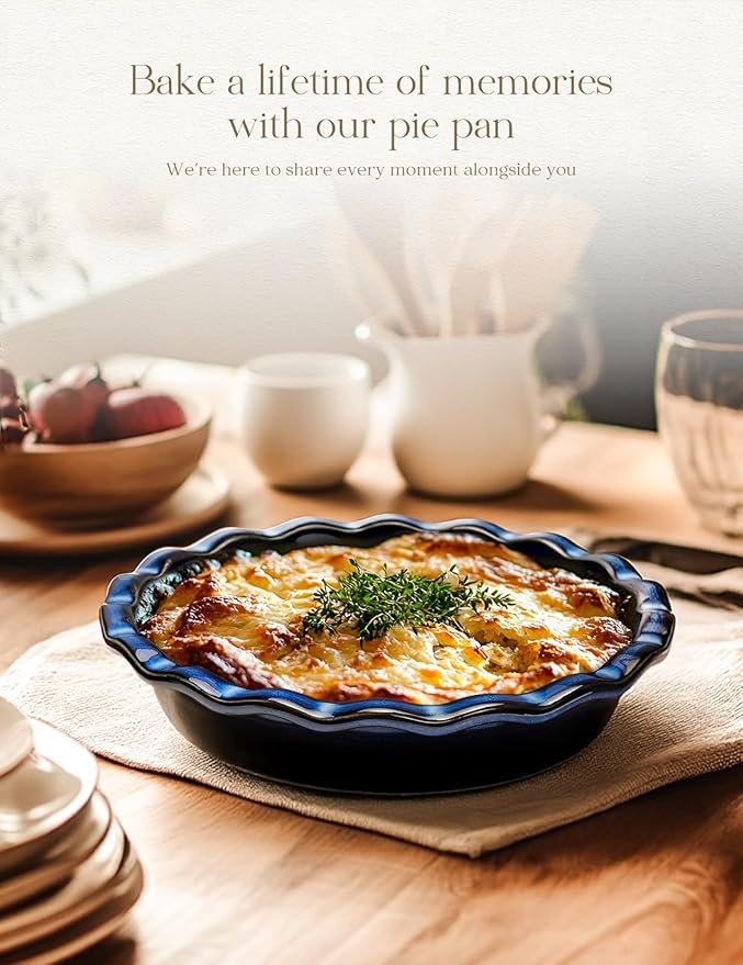 Pie Pan for Baking 9 Inch Ceramic Pie Dish for Apple Pie, Quiche, 48oz Blue