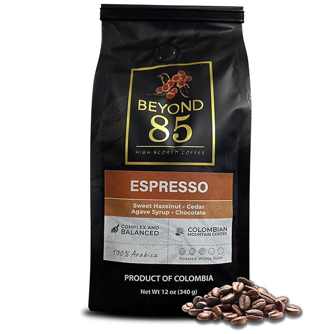 BEYOND 85 COFFEE, Espresso, Premium Colombian Coffee, Medium Roast, Fruity, Nutty & Chocolatey Notes, Whole Bean, 12 OZ