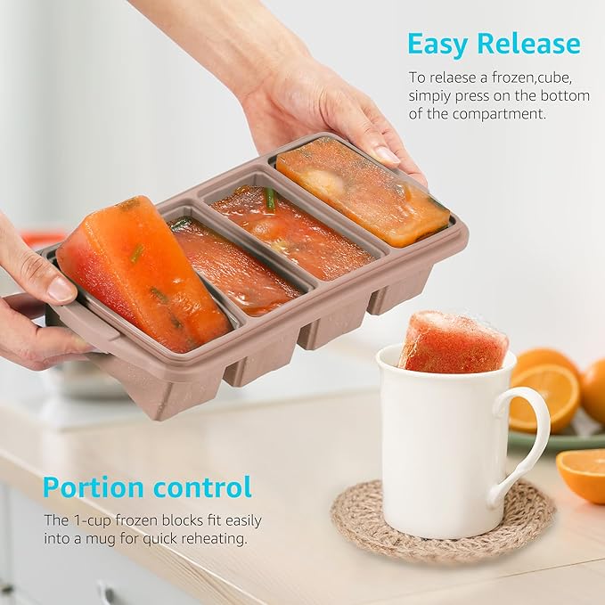 Ztomine Silicone Freezer Tray With Lid - Silicone Freezer Food Molds- Large Ice Cube Tray,Silicone Freezer Container,Freeze & Store Soup, Sauce, Broth,Leftovers - Makes 4 Perfect 1 Cup