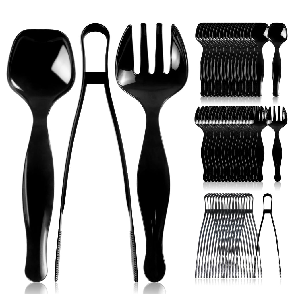 18 Count Plastic Serving Utensils Set, Disposable Serving Utensils for Catering Party Events, Including Black Plastic Spoons, Tongs and Forks (Black, 18pcs utensils)