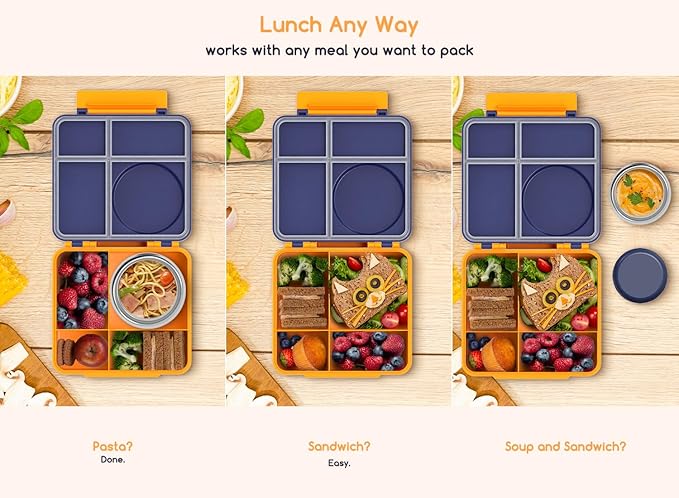 JoyYum Bento Box for Kids - Leak-Proof Bento Lunch Box with Insulated Thermo Food Jar - 4 Compartments, 1 Removable Divider, 1 Spoon, 1 Fork - Dishwasher Safe, BPA-Free (Navy blue)