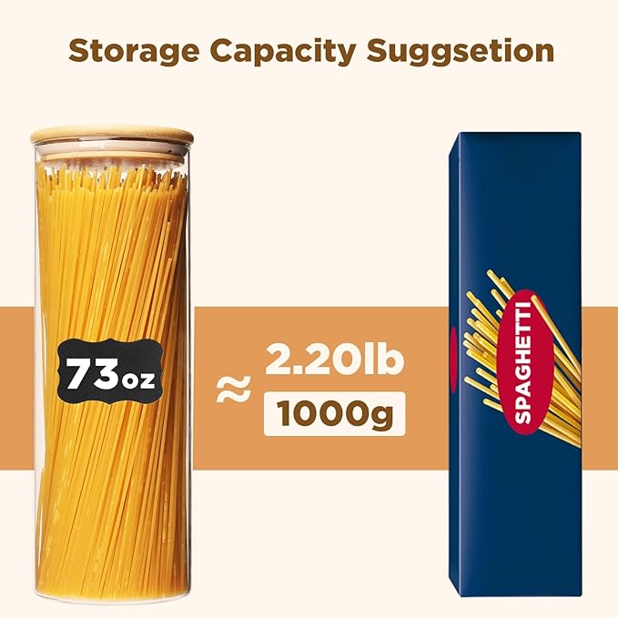 SHOWIN 73oz Glass Pasta Storage Jars, Tall Glass Jars with Bamboo Lids, Spaghetti Container, Set of 3, Kitchen Storage Containers for Pasta, Pantry Organizers