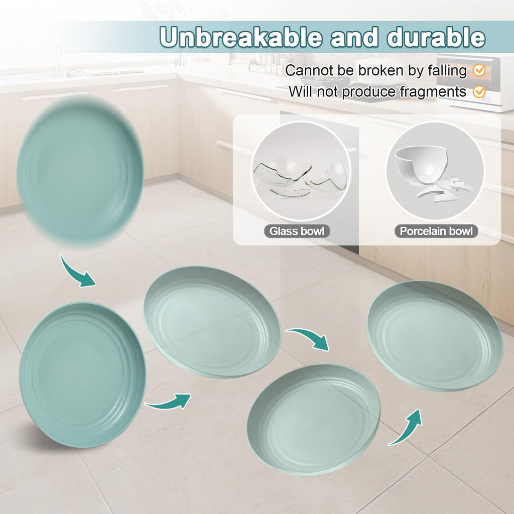HEYCOME 12 Pcs Unbreakable Deep Dessert Plates Set, 8 inch Reusable Plastic Wheat Straw Plates, Microwave and Dishwasher Safe Plate for Kitchen, Lightweight Plate for Dessert, BPA Free, 6 Colors