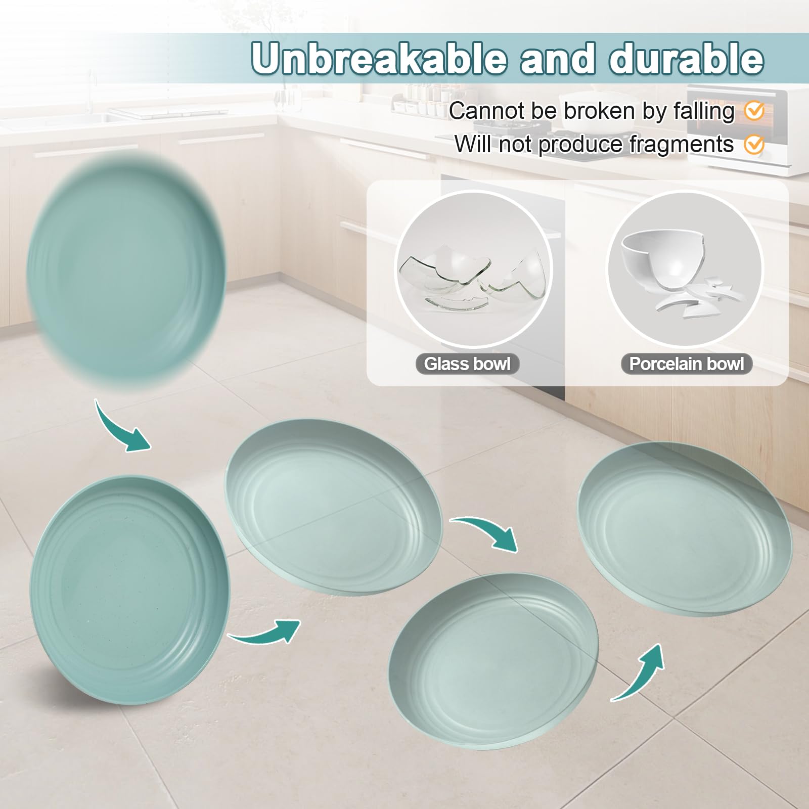 HEYCOME 12 Pcs Unbreakable Deep Dessert Plates Set, 8 inch Reusable Plastic Wheat Straw Plates, Microwave and Dishwasher Safe Plate for Kitchen, Lightweight Plate for Dessert, BPA Free, 6 Colors