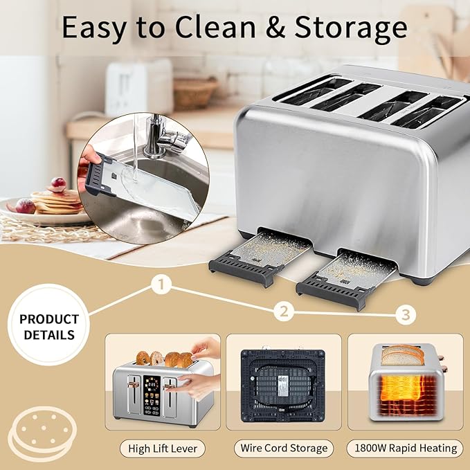SEEDEEM Touchscreen Toaster 4 Slice, 7 Shade, Stainless, 1800W Silver Metallic