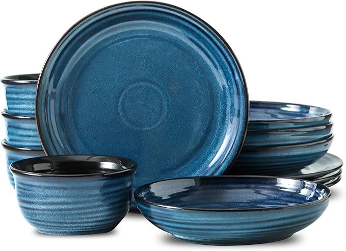 Hasense Ceramic Dinnerware Set, 12 Pieces Handmade Reactive Glaze Plate and Bowls Set of 4 (Plates, Pasta Dish, Cereal Bowls), Chip and Scratch Resistant Dinner Dishes Service, Navy Blue