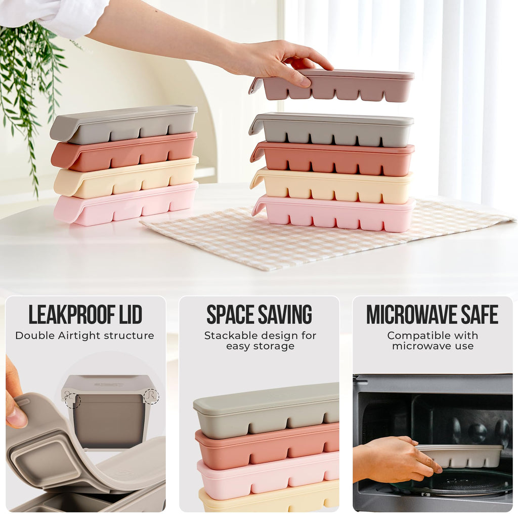 Firgi Silicone Ice Cube Freezer Tray with Lid, 100% Food-Grade Platinum Silicone,Leak Resistance & Dishwasher Safe for Baby Food Prep,Breast Milk,Purees - Korean Made (4 Sets 1 oz/6 Sections)